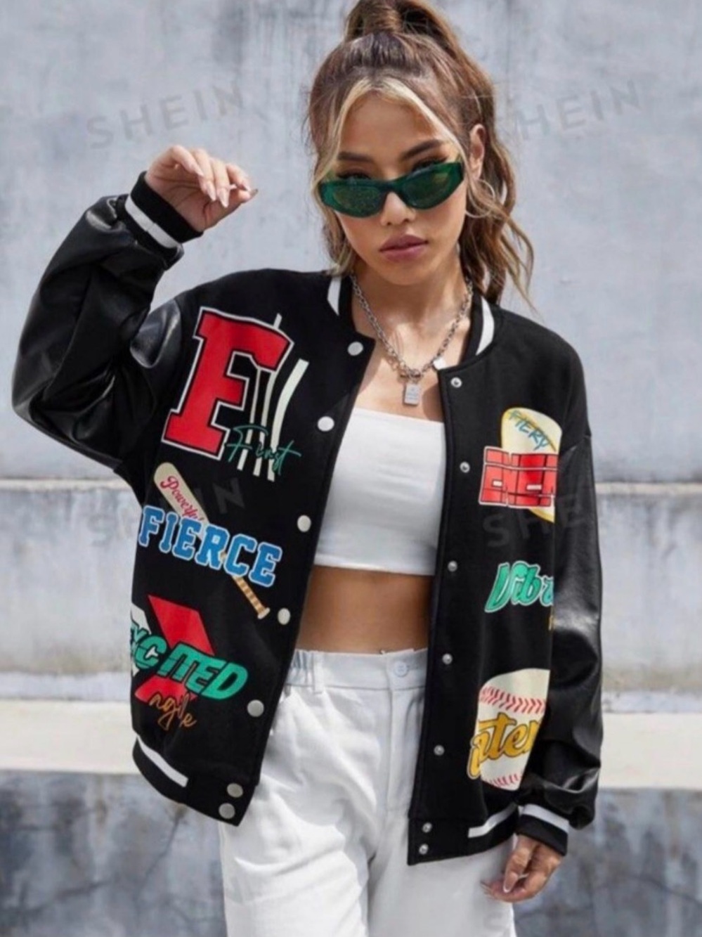 Black Patchwork Letterman Jacket - Casual Varsity Bomber